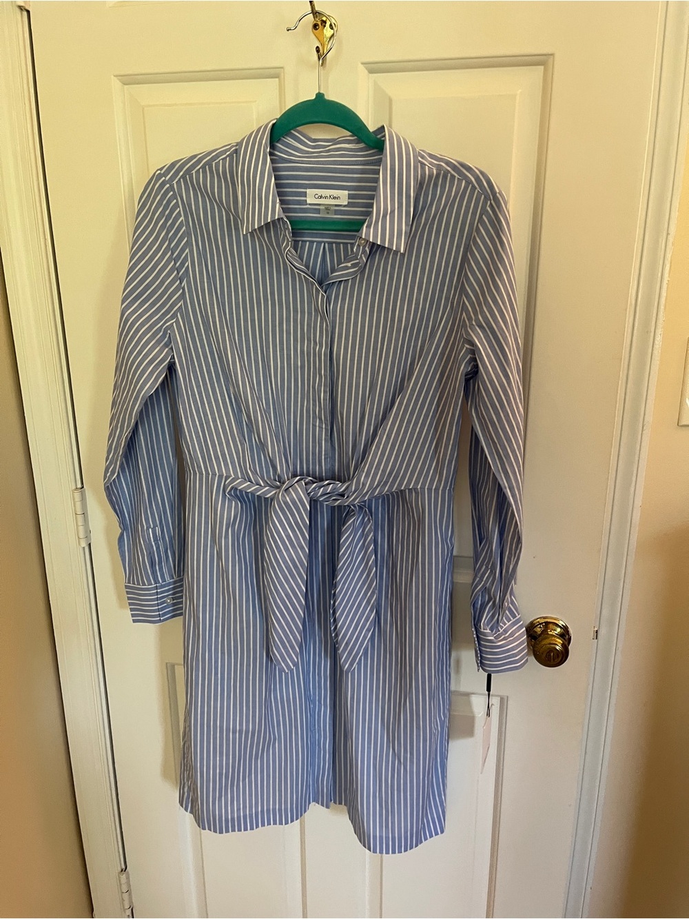 Calvin Klein Light Blue and White Striped Shirt Dress